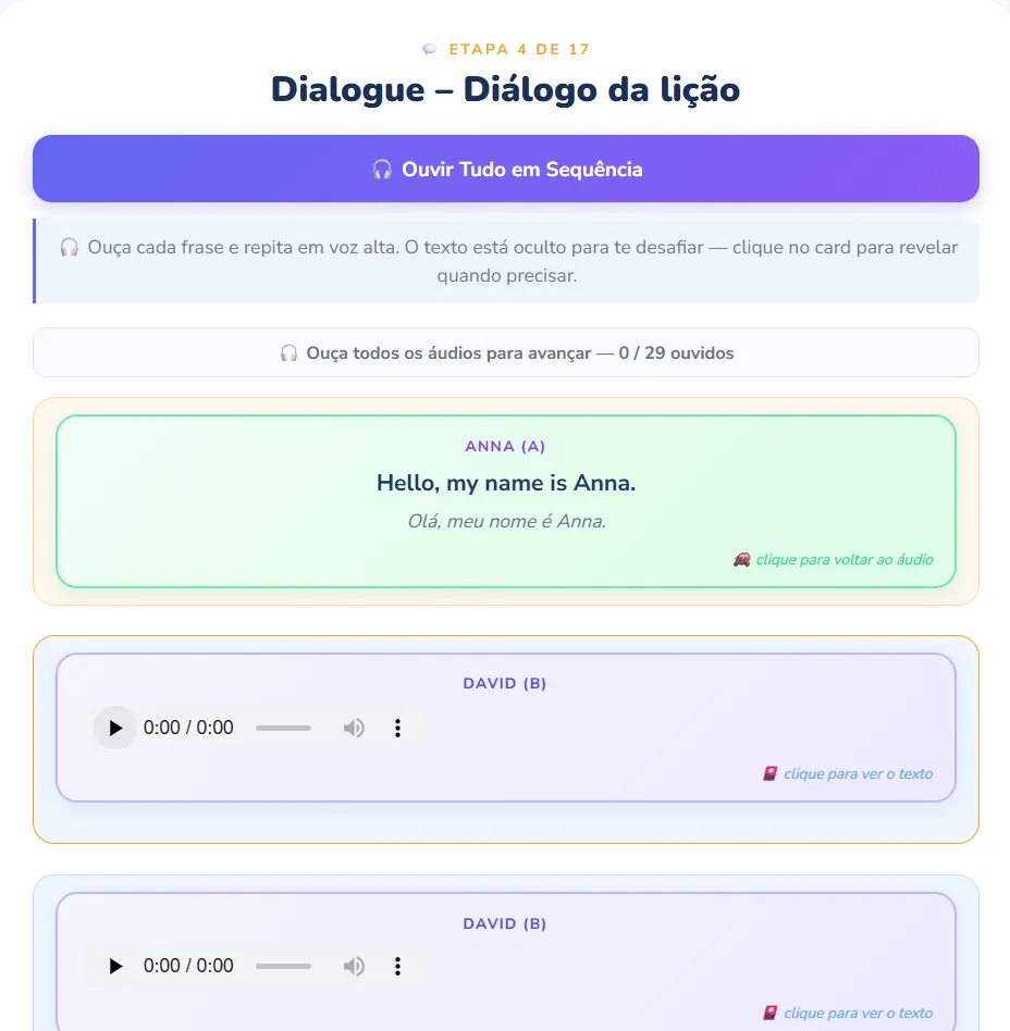 Tela real do MeTeach com os cards de repetição e áudio