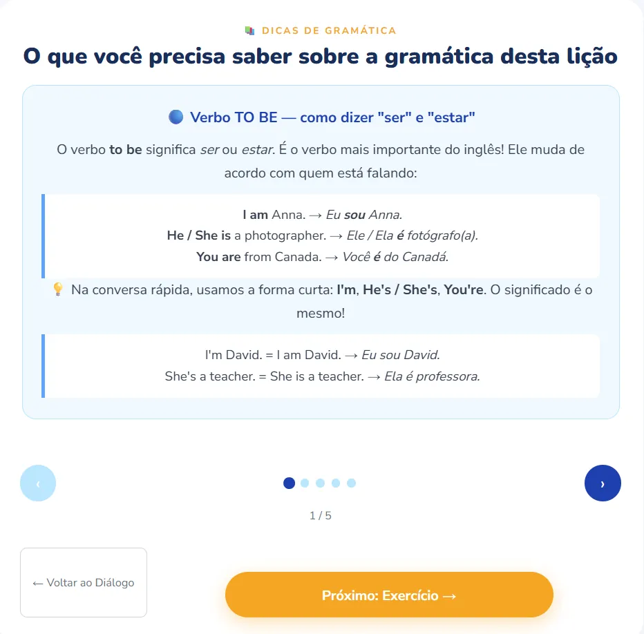 Tela real do MeTeach com a explicação de gramática