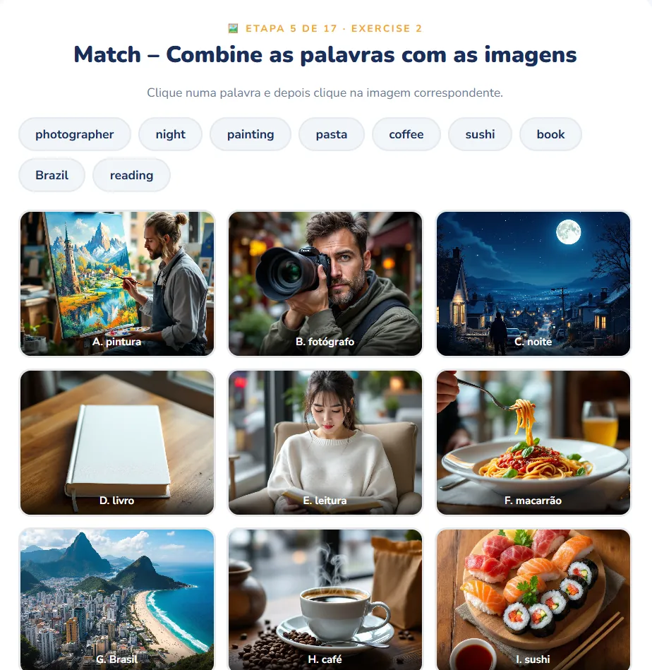 Tela real do MeTeach com exercício de matching de palavras e imagens