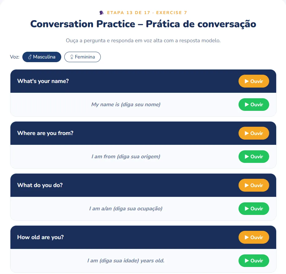 Tela real do MeTeach com a prática de conversação