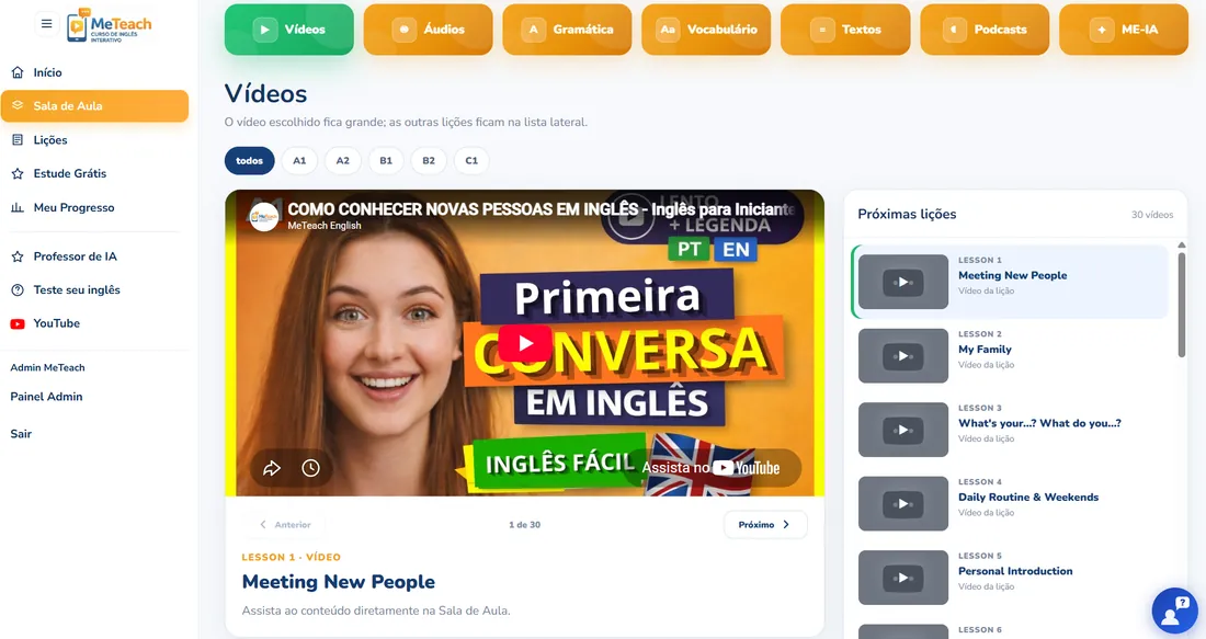 Tela real da Sala de Aula do MeTeach com recursos de revisão e prática
